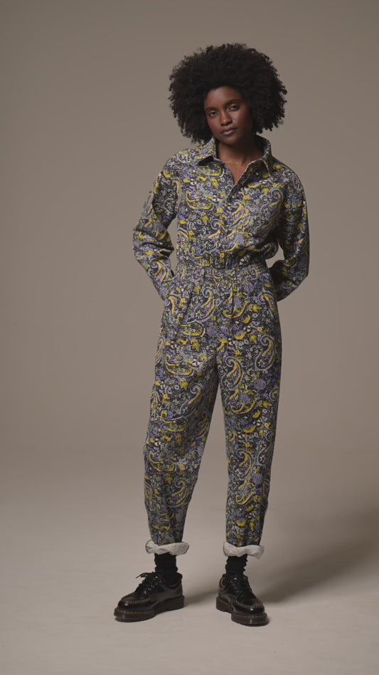 Eddie - Long Sleeve Corduroy Jumpsuit in Grunge Paisley Print