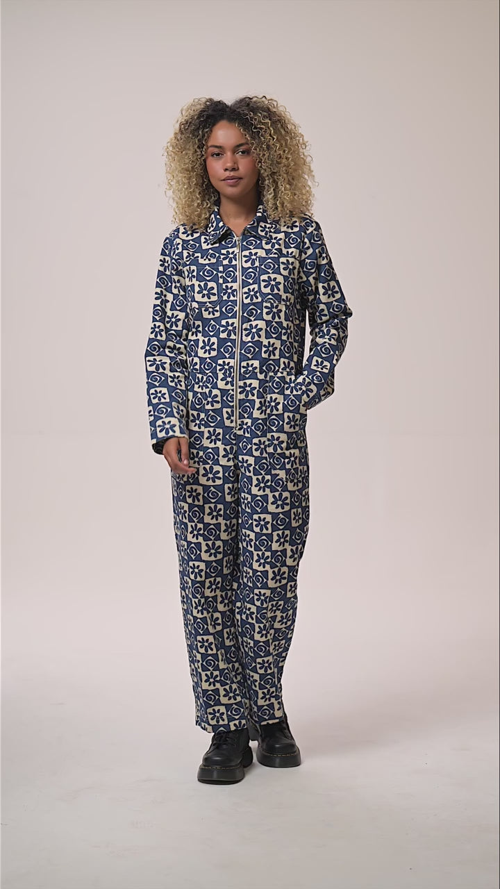 Arendal - Cotton Long Sleeve Jumpsuit in Blue Floral Check Print