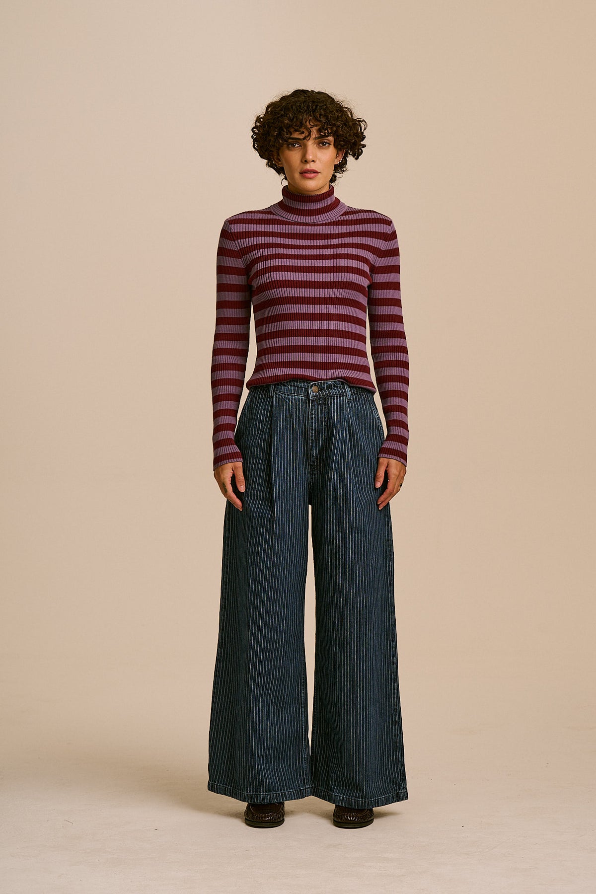 Cole -  Wide Leg Cotton Jeans in Pinstripe