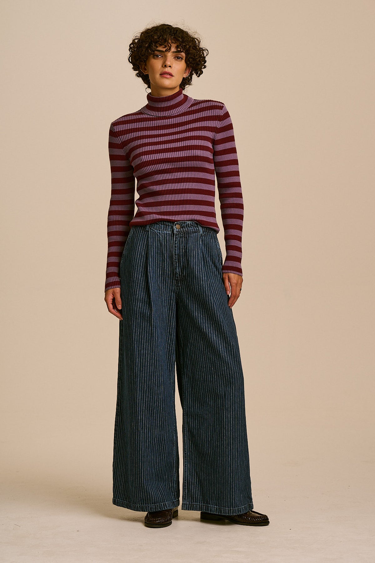 Cole -  Wide Leg Cotton Jeans in Pinstripe