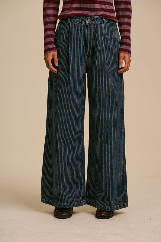 Cole -  Wide Leg Cotton Jeans in Pinstripe