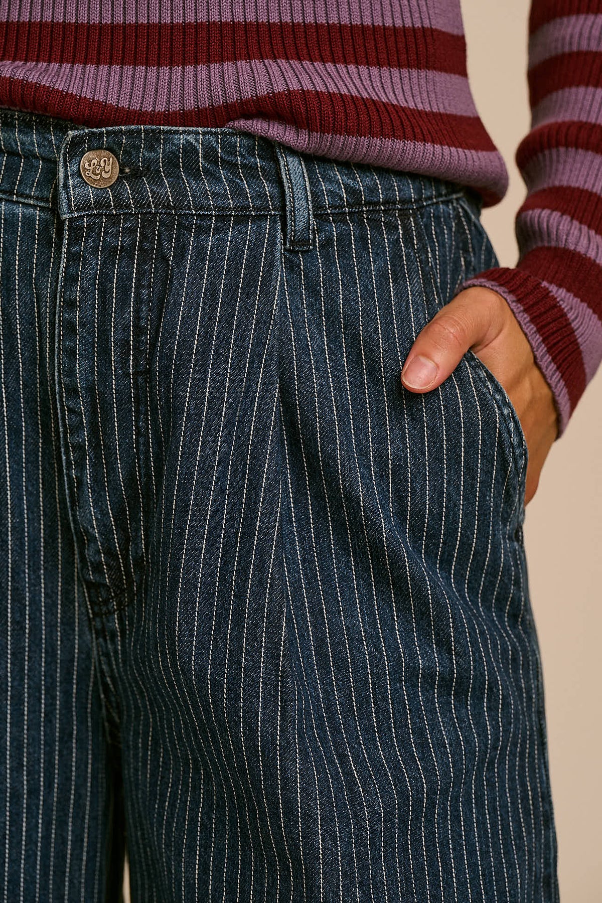 Cole -  Wide Leg Cotton Jeans in Pinstripe