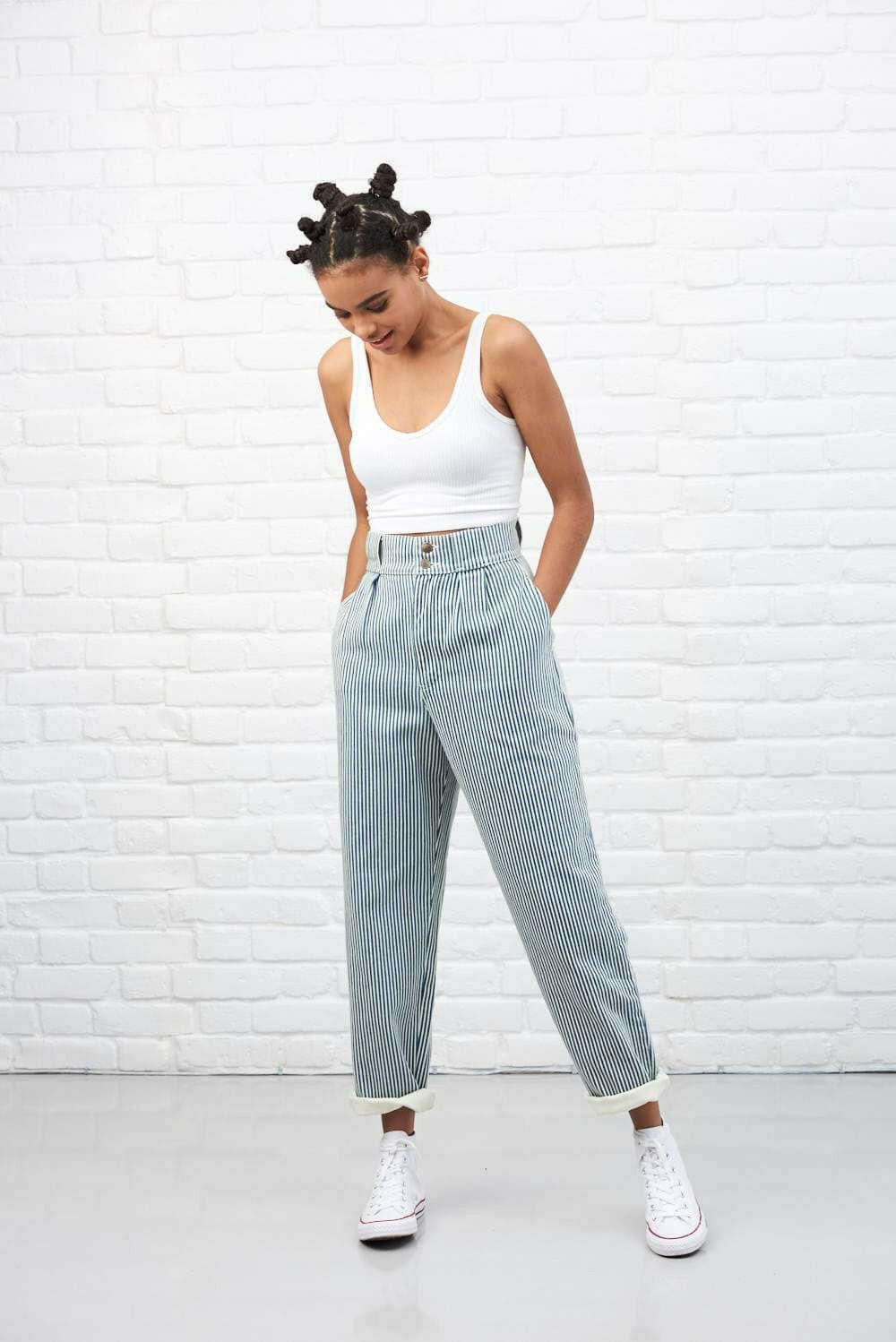 Lucy & Yak trousers 'Addison' High Waisted Organic Cotton Twill Trousers in Blue Stripe