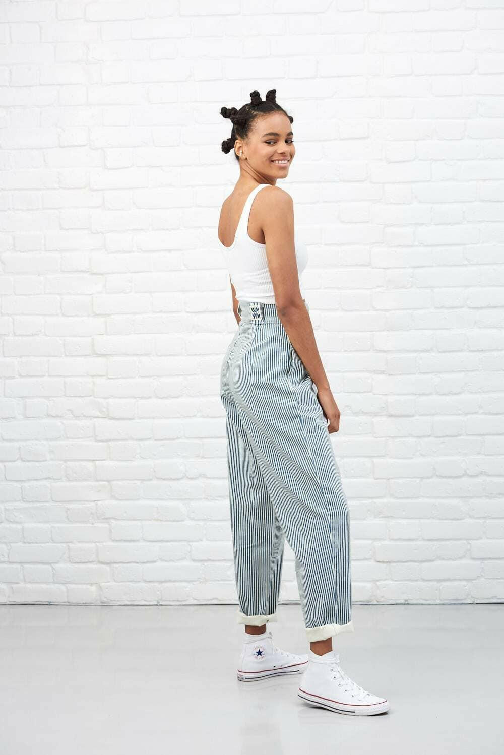 Lucy & Yak trousers 'Addison' High Waisted Organic Cotton Twill Trousers in Blue Stripe