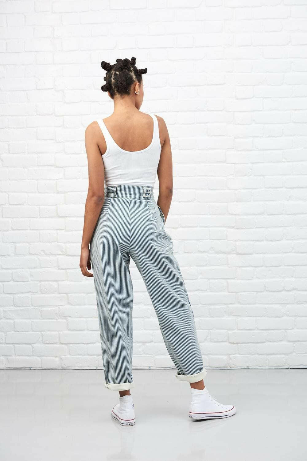 Lucy & Yak trousers 'Addison' High Waisted Organic Cotton Twill Trousers in Blue Stripe