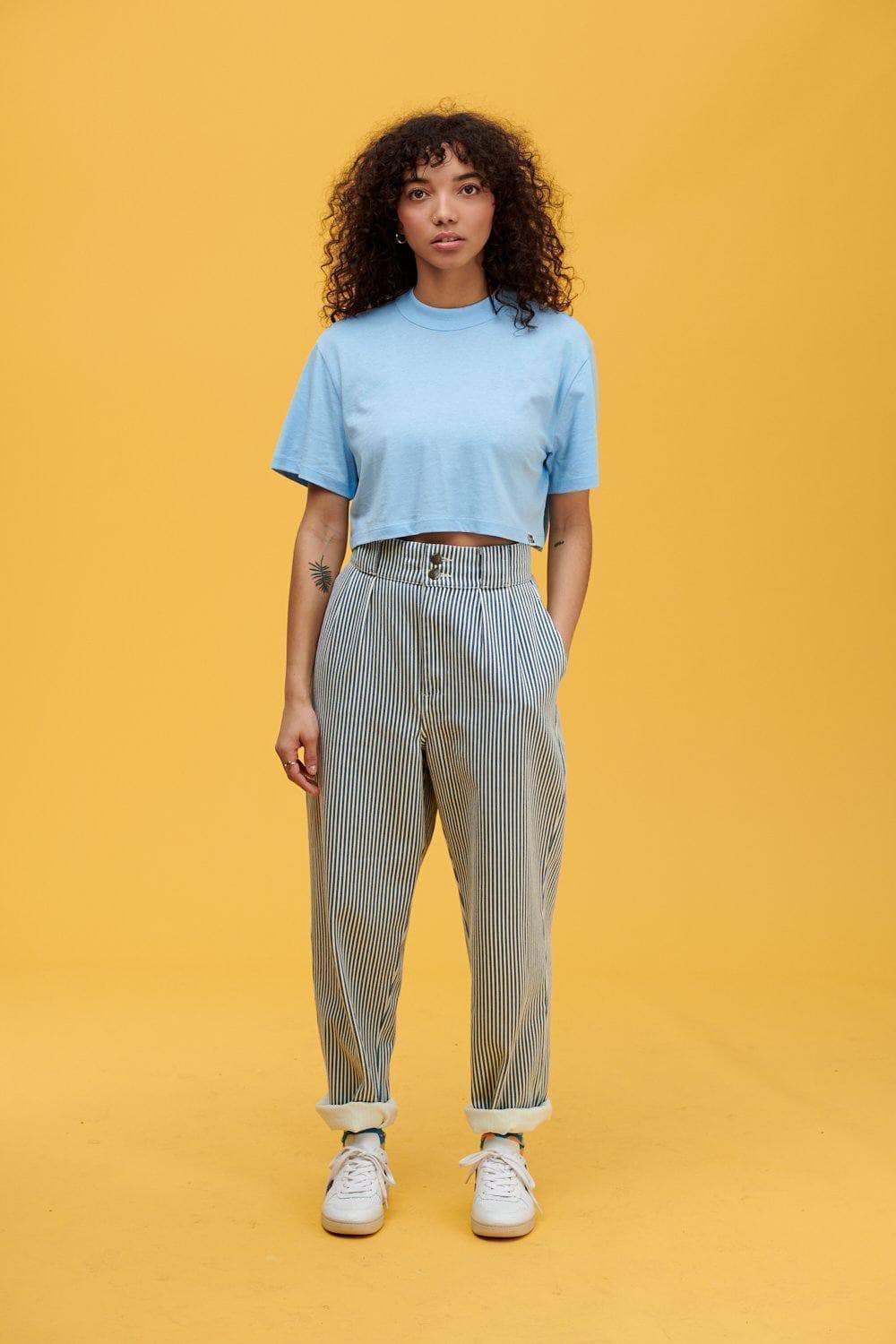 Lucy & Yak trousers 'Addison' High Waisted Organic Cotton Twill Trousers in Blue Stripe
