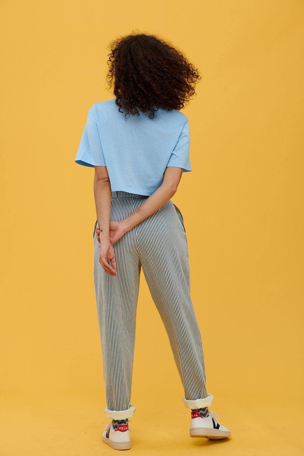 Lucy & Yak trousers 'Addison' High Waisted Organic Cotton Twill Trousers in Blue Stripe