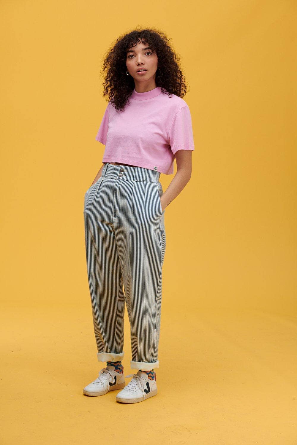 Lucy & Yak trousers 'Addison' High Waisted Organic Cotton Twill Trousers in Blue Stripe