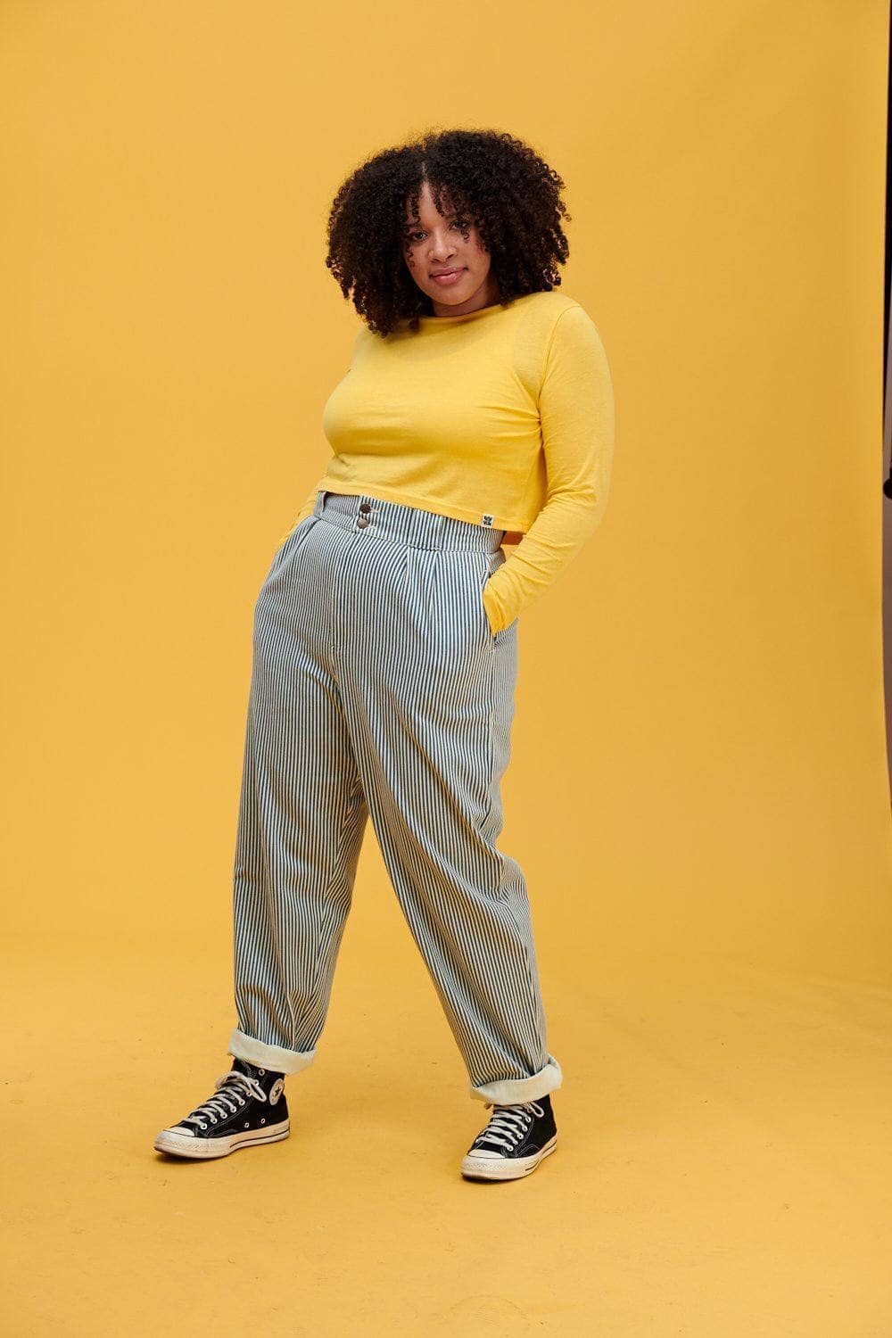 Lucy & Yak trousers 'Addison' High Waisted Organic Cotton Twill Trousers in Blue Stripe