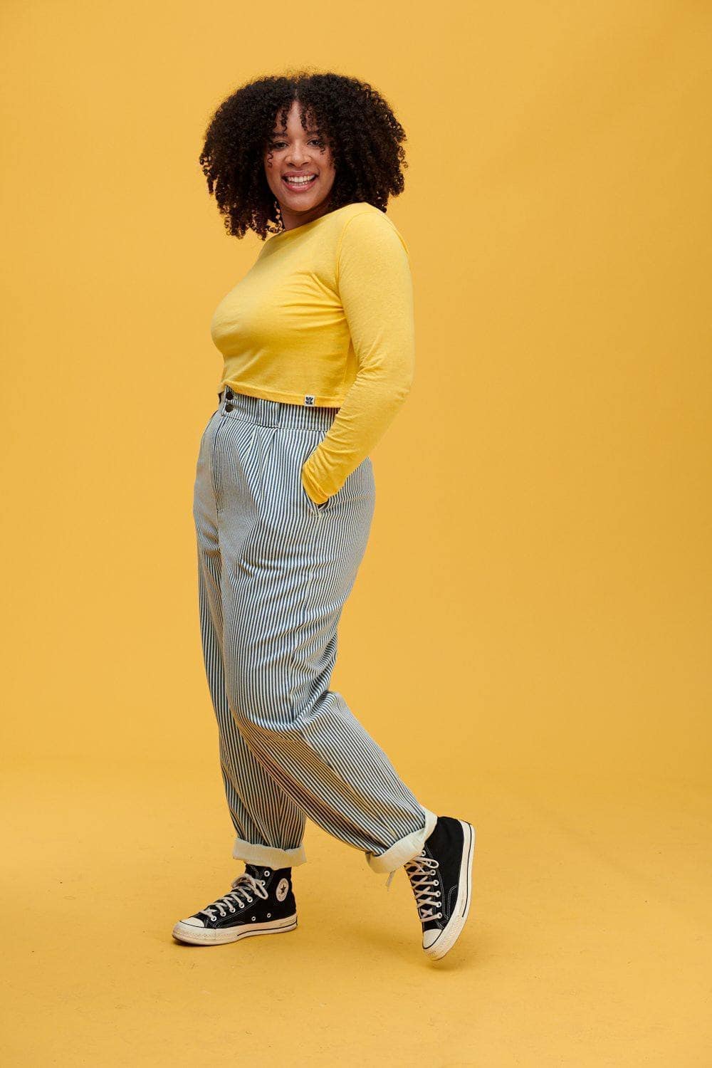 Lucy & Yak trousers 'Addison' High Waisted Organic Cotton Twill Trousers in Blue Stripe