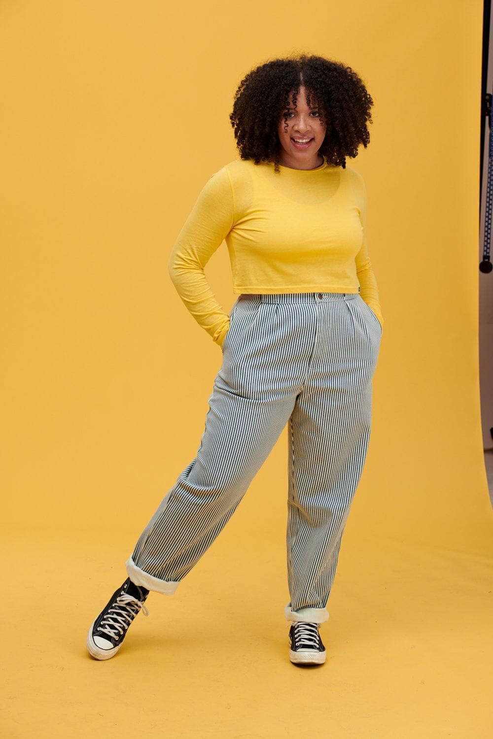 Lucy & Yak trousers 'Addison' High Waisted Organic Cotton Twill Trousers in Blue Stripe