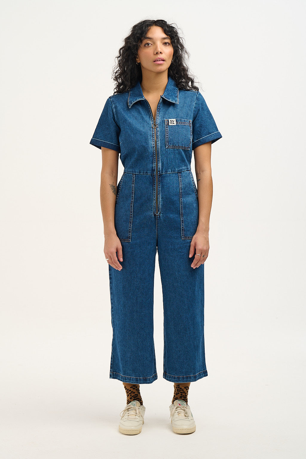 Long-Sleeve Medium-Wash Utility Jean Jumpsuit for Women