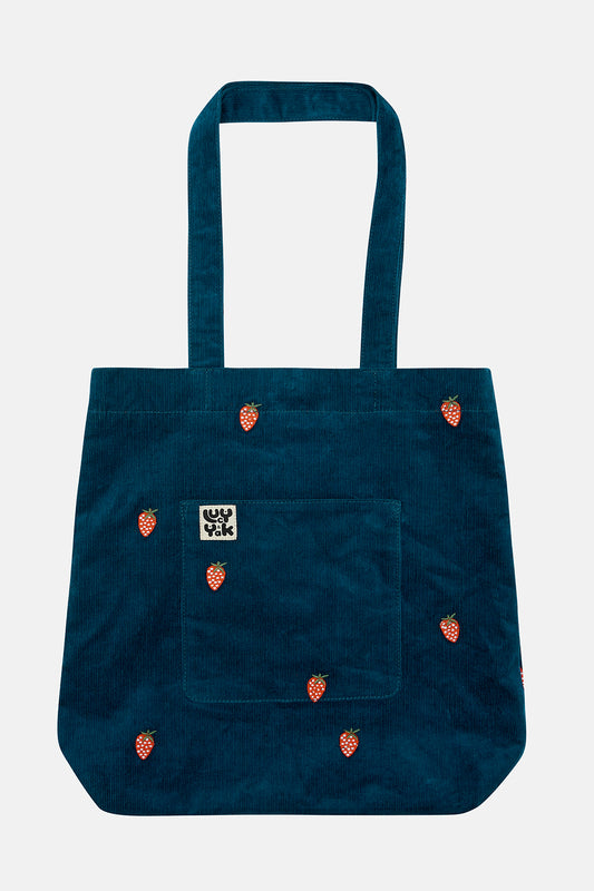 Tote Bag: ORGANIC CORDUROY - Embroidered Strawberry