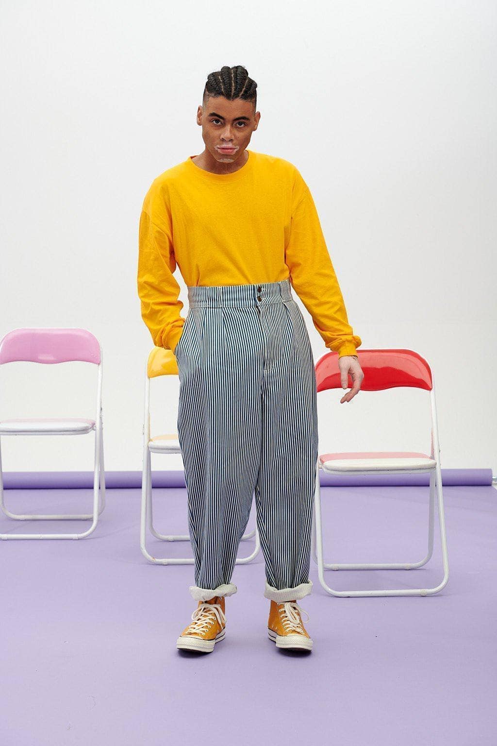 Lucy & Yak trousers 'Addison' High Waisted Organic Cotton Twill Trousers in Blue Stripe