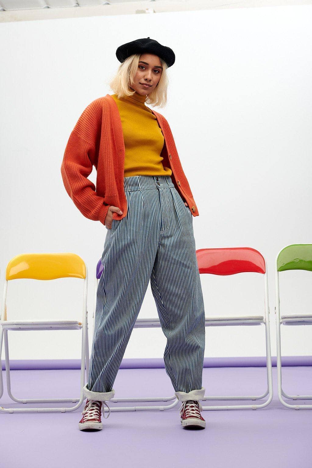 Lucy & Yak trousers 'Addison' High Waisted Organic Cotton Twill Trousers in Blue Stripe