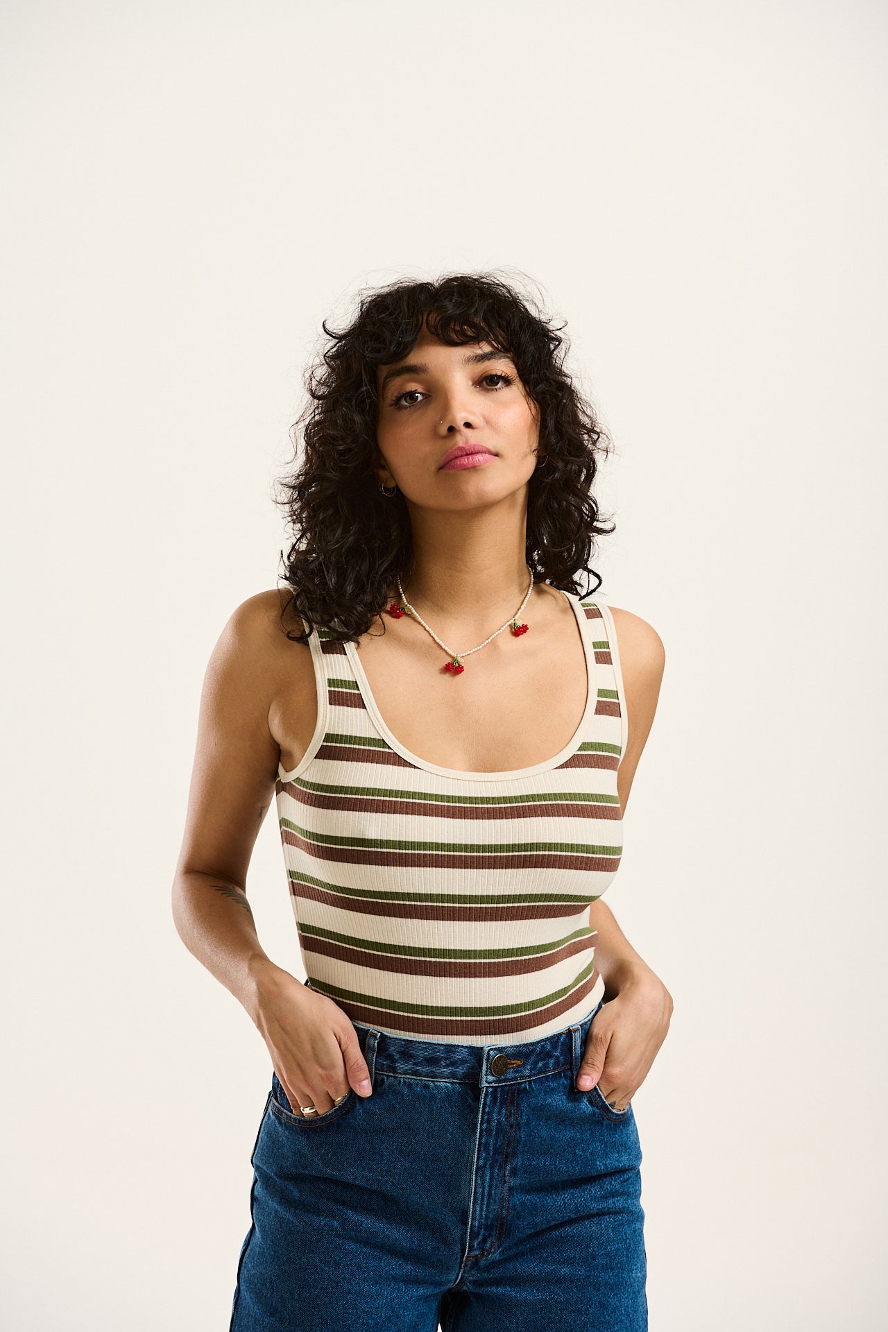 Susie Vest Top: ORGANIC COTTON & LENZING™ ECOVERO™ - Green, Brown, & White Stripe