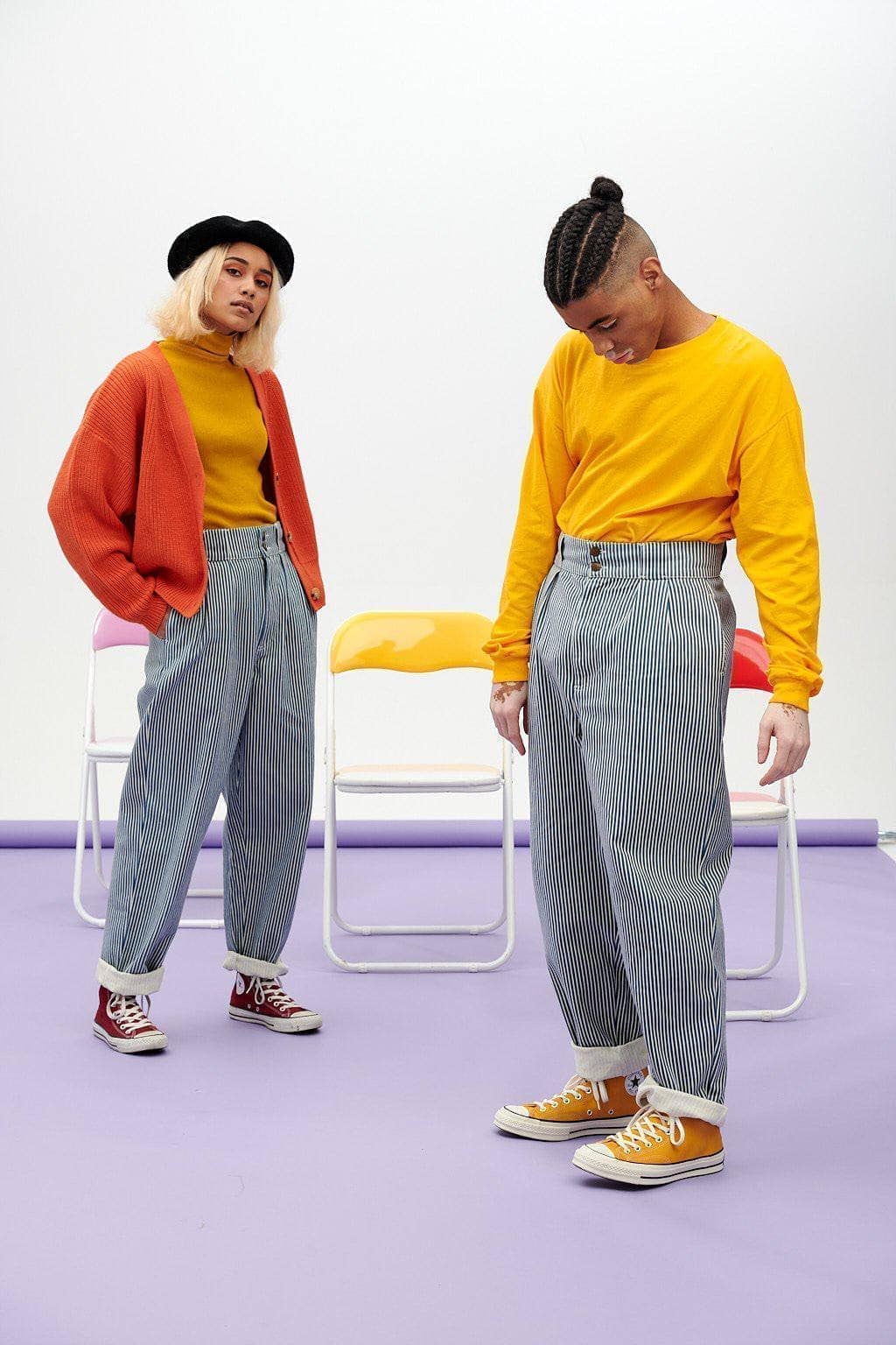 Lucy & Yak trousers 'Addison' High Waisted Organic Cotton Twill Trousers in Blue Stripe