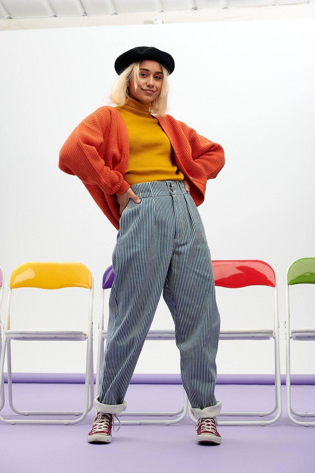 Lucy & Yak trousers 'Addison' High Waisted Organic Cotton Twill Trousers in Blue Stripe
