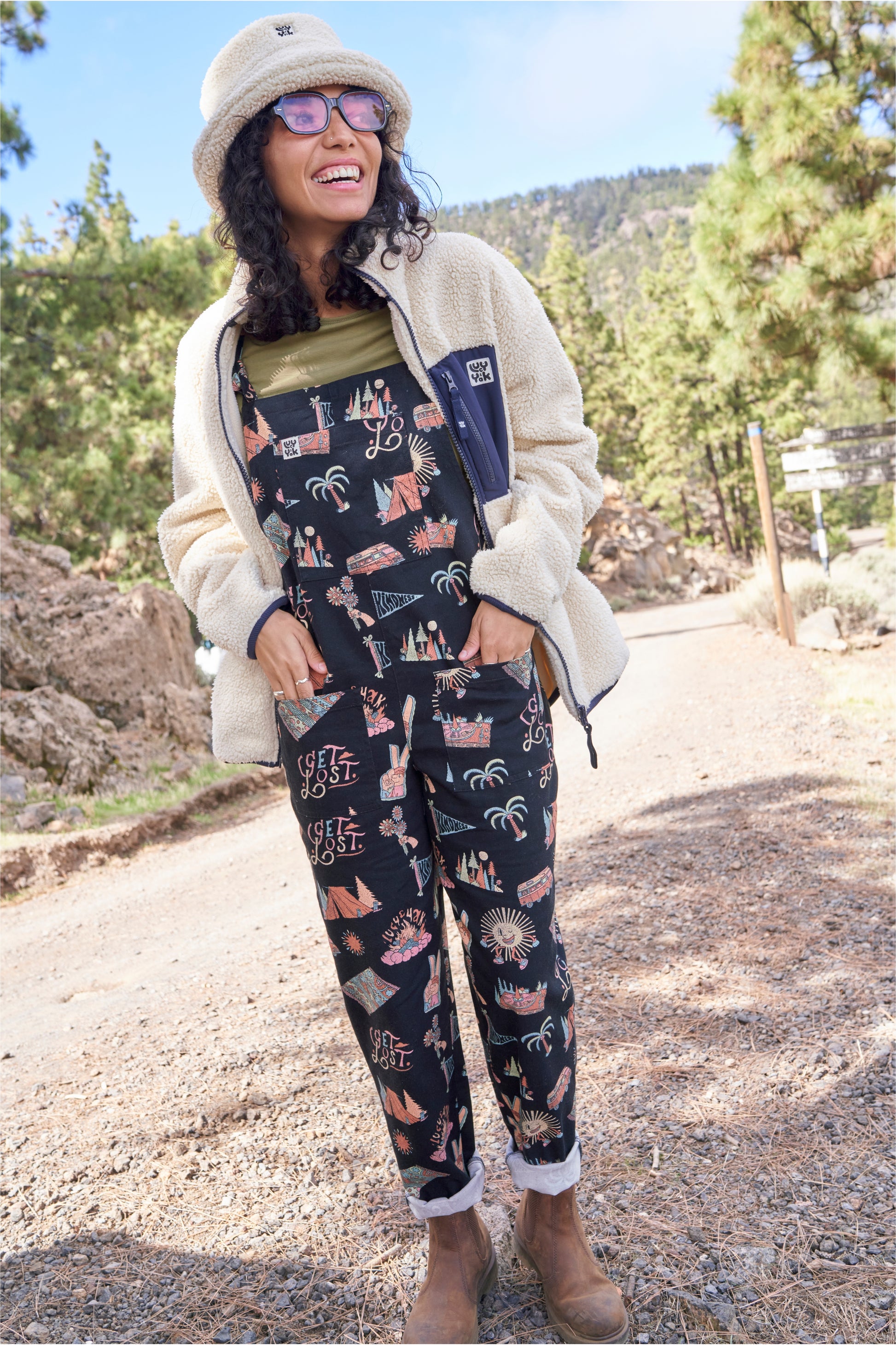 Lucy & Yak Original Dungarees In Organic Twill Nicolas Crespo Print Front On Worn By Size 8 Model